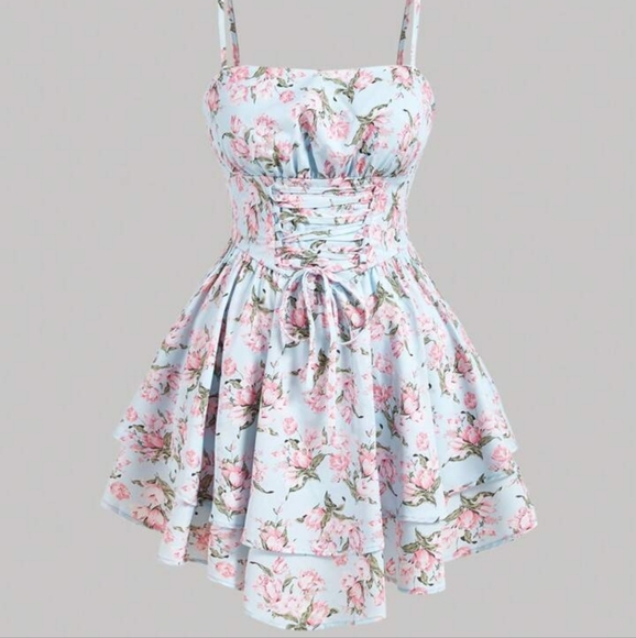 SHEIN Dresses & Skirts - Shein MOD light blue pink ditsy floral lace up strapless mini dress